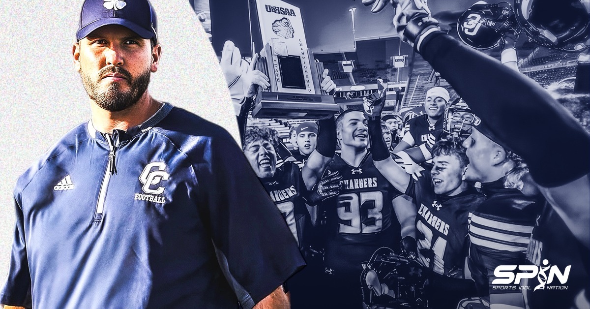 Corner Canyon head football coach Casey Sutera in a CC Football pullover, beside Chargers players lifting the UHSAA state championship trophy.