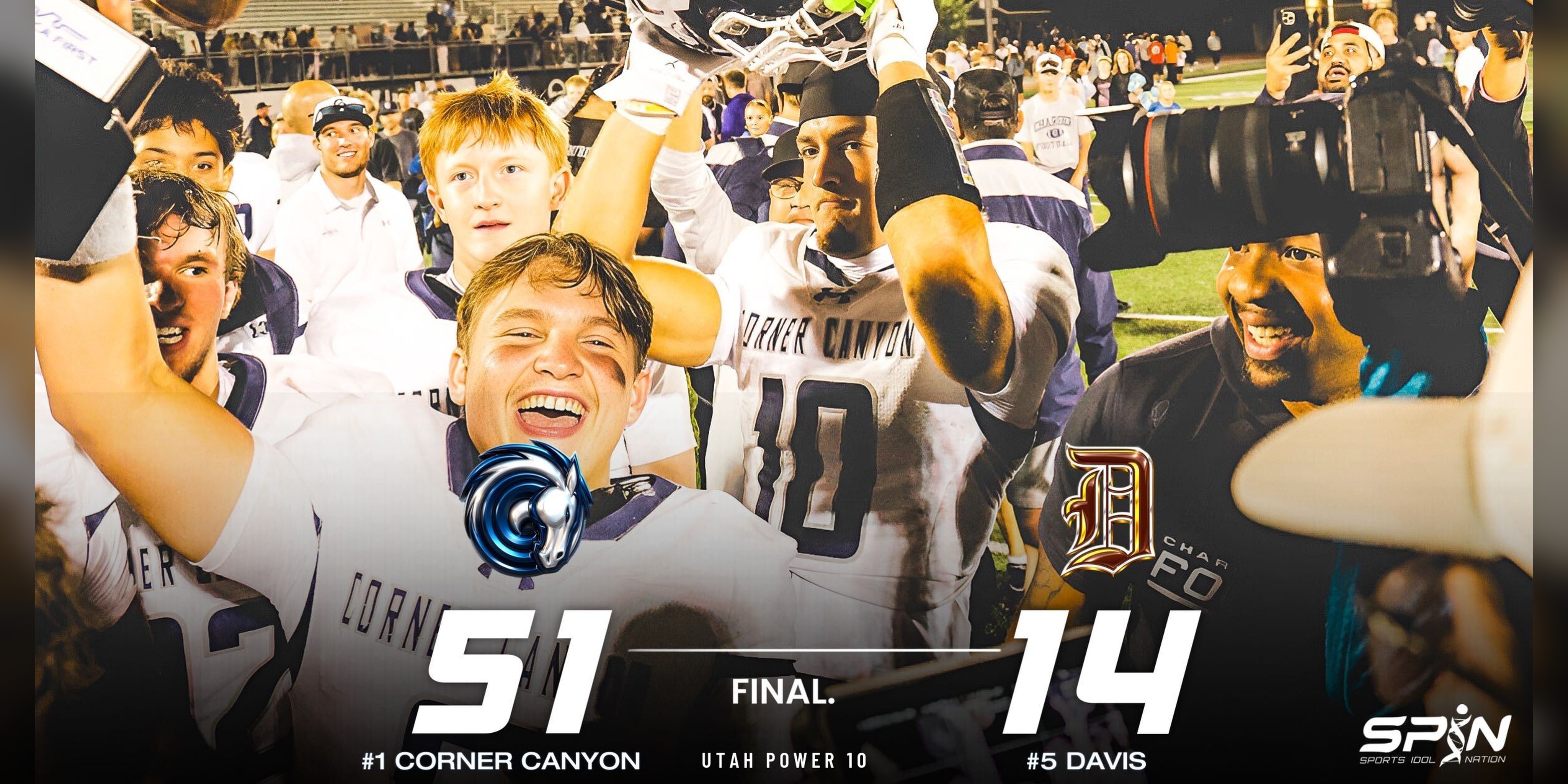 Corner Canyon players celebrate on the field in Kaysville after beating Davis 51-14 on Aug. 14, 2026, with a SPIN final-score overlay reading Corner Canyon 51, Davis 14, labeled Utah Power 10.